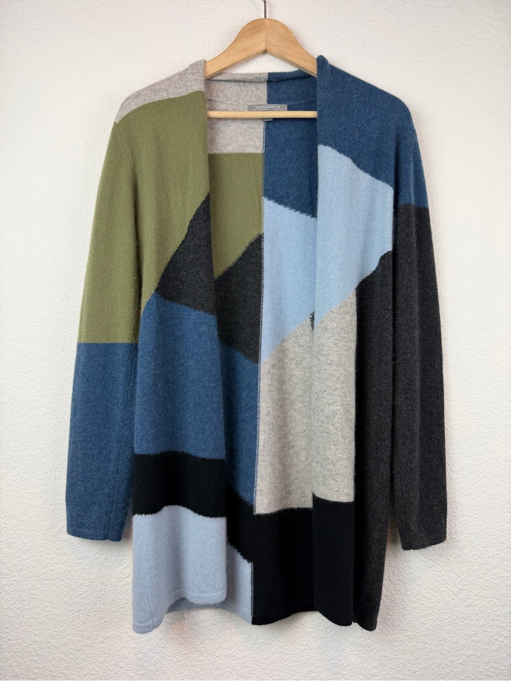 Neiman Marcus Cashmere Collection Open Front Cardigan Color Block Sweater